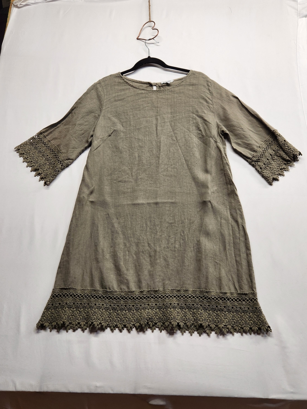 ⭐️Rosemarine Italy Olive Green Linen Crochet Lace Shift Dress Tunic Medium Boho